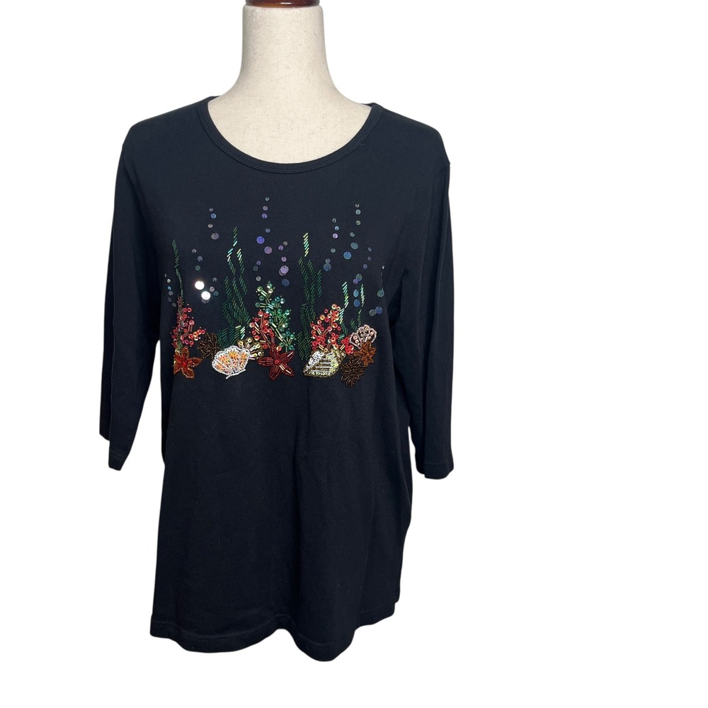Quacker Factory Womens Black Sequin Beads Coral Reef Beach Ocean Shells Size L